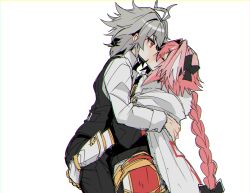  2boys antenna_hair armored_skirt astolfo_(fate) black_bow black_pants black_sweater black_vest bow braid cape closed_eyes cowboy_shot dress_shirt fate/apocrypha fate_(series) fur-trimmed_cape fur_trim gauntlets grey_hair hair_between_eyes hair_intakes hairbow haoro kissing lifting_person long_braid long_hair looking_at_another male_focus multicolored_hair multiple_boys oerba_yun_fang otoko_no_ko pants pink_hair red_eyes shirt short_hair simple_background single_braid skin_fang streaked_hair sweater two-tone_hair very_long_hair vest white_background white_cape white_hair white_shirt yaoi 