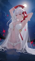  armpits arms_up babydoll bikini blush breasts colored_extremities durga_(fate) earrings fate/grand_order fate_(series) female full_moon gradient_skin grey_hair jewelry large_breasts long_hair looking_at_viewer moon night night_sky o-ring ocean official_art ohisashiburi red_eyes red_hands sky star_(sky) starry_sky swimsuit tassel thumb_ring very_long_hair wading white_bikini 