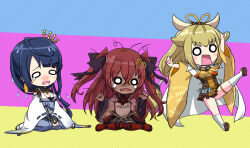  3girls arm_up arm_warmers armor blonde_hair blue_hair blue_sash burnt cape cleavage_cutout clothing_cutout commentary_request cow_horns dress fake_horns goou_yoshimitsu hair_flaps hair_ornament hair_ribbon hair_stick hairclip hands_up horns japanese_armor japanese_clothes jouizumi_masamune kimono kuwana_gou_(tenka_hyakken) leg_up long_hair long_sleeves low_ponytail medicine_bottle multiple_girls orange-bird raised_eyebrows rectangular_mouth red_hair red_kimono ribbon ribbon_trim sandals sash seiza simple_background sitting suneate swept_bangs teardrop tenka_hyakken thick_eyebrows thighhighs two_side_up v_arms waist_cape wariza wavy_mouth wet white_cape white_thighhighs wide_oval_eyes wide_sleeves yellow_dress zouri 