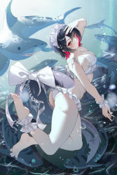  :o absurdres alternate_costume anklet ass bare_shoulders barefoot bikini black_hair blush breasts cleavage colored_inner_hair commentary dlnk ellen_joe feet female fins fish_tail frilled_anklet frilled_bikini frilled_wrist_cuffs frills hair_between_eyes highres jewelry large_breasts looking_at_viewer multicolored_hair nail_polish orange_eyes pink_hair pink_nails shark shark_girl shark_tail short_hair soles solo swimsuit tail underwater white_bikini white_wrist_cuffs wrist_cuffs zenless_zone_zero 