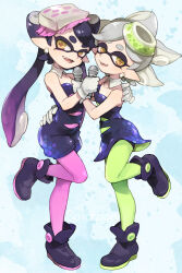  2girls bare_arms bare_shoulders bike_shorts bike_shorts_under_skirt black_dress black_hair black_jumpsuit bow-shaped_hair breasts brown_eyes callie_(splatoon) commentary_request cousins detached_collar dress duplicate earrings fangs flipped_hair food food_on_head gloves gradient_hair green_pantyhose grey_hair half_updo highres hoop_earrings inkling jewelry jumpsuit leg_up long_hair marie_(splatoon) mole mole_under_eye multicolored_hair multiple_girls object_on_head open_mouth pantyhose pantyhose_under_shorts pink_pantyhose pixel-perfect_duplicate pointy_ears short_dress short_hair short_jumpsuit shorts shorts_under_dress smile soto splatoon_(series) splatoon_1 strapless strapless_dress sushi swept_bangs tentacle_hair twintails unitard white_gloves 