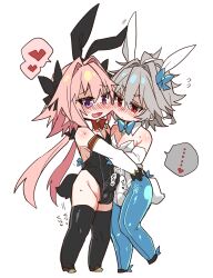  ... 2boys animal_ears astolfo_(fate) astolfo_(saber)_(fate) black_bow black_leotard black_tail black_thighhighs blue_bow blue_bowtie blue_pantyhose blush bow bowtie bulge bulge_press bulges_touching covered_penis crossdressing deformed detached_collar detached_sleeves fake_animal_ears fate/apocrypha fate_(series) flying_sweatdrops full_body grey_hair hair_between_eyes hair_intakes hairbow haoro heart highres leg_up leotard male_focus male_playboy_bunny multiple_boys oerba_yun_fang open_mouth otoko_no_ko pantyhose pink_hair purple_eyes rabbit_ears rabbit_tail red_bow red_bowtie red_eyes short_hair sieg_(fate) simple_background skin_fang smile spoken_ellipsis spoken_heart standing tail thighhighs twintails white_background white_leotard white_tail yaoi 