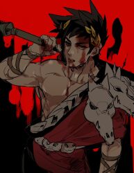  1boy abs ag_ss41 animal_skull animal_skull_ornament arm_up armband black_hair black_sclera blood blood_on_body blood_on_face blood_on_hands collarbone colored_sclera commentary cowboy_shot english_commentary hades_(series) hades_1 hand_out_of_frame heterochromia holding holding_sword holding_weapon laurel_crown male_focus muscular muscular_male pectorals red_robe robe short_hair single_bare_shoulder skull solo sword tongue tongue_out weapon weapon_across_shoulders zagreus_(hades) 