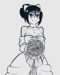  artist_request bouquet bride dress female greyscale highres holding holding_bouquet monochrome noihara_himari omamori_himari smile solo wedding_dress 