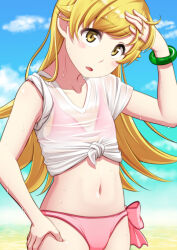  beach bikini blonde_hair blue_sky bow bracelet cloud collarbone commentary_request day duplicate female flat_chest hand_on_own_head head_tilt jewelry long_hair midriff monogatari_(series) murata_isshin navel open_mouth oshino_shinobu outdoors pink_bikini pink_bow pixel-perfect_duplicate see-through shirt sky solo stomach swimsuit tied_shirt wet wet_clothes wet_shirt white_shirt 