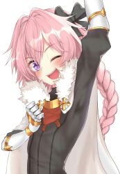  1boy arm_up armpits astolfo_(fate) black_bow black_sweater blush bow braid cape fate/apocrypha fate_(series) fur-trimmed_cape fur_trim gorget hair_intakes hairbow highres long_braid long_hair male_focus multicolored_hair oerba_yun_fang one_eye_closed open_mouth otoko_no_ko pink_hair purple_eyes simple_background single_braid smile solo streaked_hair sweater two-tone_hair upper_body wawon_no white_background white_cape white_hair 