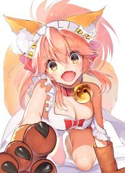  all_fours animal_ear_fluff animal_ears apron bell breasts cat_hair_ornament claws cleavage collar fangs fate/grand_order fate_(series) female foreshortening hair_ornament hairband looking_at_viewer mogullaz naked_apron neck_bell off_shoulder open_mouth pink_hair solo tamamo_(fate) tamamo_cat_(fate) tamamo_cat_(third_ascension)_(fate) yellow_eyes 