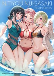  3girls ahoge asymmetrical_docking beach bikini black_hair blonde_hair blue_eyes blue_sky breast_press breasts cloud comiket_104 cover cover_page criss-cross_halter doujin_cover earclip green_bikini group_hug hair_over_one_eye halterneck highres hug jacket jacket_over_swimsuit large_breasts lips long_hair looking_at_viewer love_live! love_live!_nijigasaki_high_school_idol_club medium_breasts medium_hair mia_taylor mifune_shioriko mole mole_under_eye multi-strapped_bikini_bottom multiple_girls nail_polish navel ocean oerba_yun_fang one_eye_closed open_clothes open_jacket partially_submerged pink_hair ponytail purple_eyes red_bikini red_eyes sankuro_(agoitei) see-through_one-piece_swimsuit sky small_breasts smile swimsuit thighs tree twintails two-tone_bikini underboob water wet yuri zhong_lanzhu 