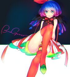  beatmania_iidx black_shirt blue_hair braid chromatic_aberration convenient_skirt female foot_out_of_frame green_eyes hair_ribbon inpr invisible_chair looking_at_viewer pleated_skirt queen_of_hearts_(beatmania) red_ribbon red_thighhighs ribbon shirt sitting skirt solo song_name striped_clothes striped_skirt thighhighs twin_braids two-tone_background 