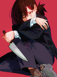  black_hair black_jacket black_pants black_suit brown_socks chainsaw_man commentary crossed_arms female higashiyama_kobeni highres holding holding_sword holding_weapon jacket kitchen_knife mole mole_under_eye pants ponytail raneblu red_background reverse_grip shirt shoes simple_background sneakers socks solo suit sweatdrop sword uneven_eyes weapon white_shirt 