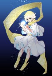  1boy androgynous blonde_hair blue_eyes bright_pupils fate/grand_order fate_(series) full_body glowing glowing_hair gradient_background haoro highres holding holding_star light_particles long_scarf male_focus robe sash scarf solo star_(symbol) triangle_print voyager_(fate) white_pupils white_robe wide_sleeves yellow_sash yellow_scarf 