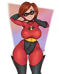  2020 armwear ass_visible_through_thighs big_breasts bodysuit brown_hair clothing curvaceous curvy disney elastigirl eyewear female footwear gloves handwear helen_parr jakuson_z legwear long_boots long_gloves mask mature_female milf nipple_bulge pixar smile solo superheroine tagme the_incredibles thick_thighs thunder_thighs tight_bodysuit wide_hips 