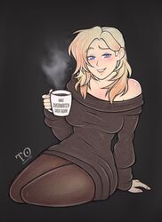  alternate_hairstyle bad_id bad_tumblr_id bare_shoulders black_pantyhose blonde_hair blue_eyes blush breasts casual coffee_mug cup dress english_text female hair_down highres hot_chocolate long_hair make_america_great_again medium_breasts mercy_(overwatch) mug mug_writing off-shoulder_sweater off_shoulder overwatch overwatch_1 pantyhose sitting smile solo sweater sweater_dress tabletorgy yokozuwari 