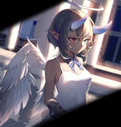  absurdres angel angel_wings bandaged_arm bandages blue_eyes blush breasts brown_hair building cleavage closed_mouth collarbone day detached_collar dress feathered_wings female halo heterochromia highres horns neck_ribbon original outdoors pillar pointy_ears purple_ribbon red_eyes ribbon saw272 short_hair sidelocks skin-covered_horns sleeveless sleeveless_dress small_breasts solo sundress sunlight upper_body water white_dress white_wings wings 