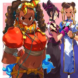  3girls andrewcockroach arm_tattoo arms_behind_back black_hair blue_hair blue_leggings bracelet brown_hair cellphone china_dress chinese_clothes choker chun-li colored_tips crop_top dark-skinned_female dark_skin double_bun dress earbuds earphones earrings english_commentary fingerless_gloves gloves hair_bun hair_horns hair_ribbon hairband hand_on_own_hip highres holding holding_phone jewelry juri_han kimberly_jackson leggings looking_at_viewer midriff multicolored_hair multiple_girls navel pelvic_curtain phone puffy_short_sleeves puffy_sleeves quad_braids ribbon scarf shirt short_sleeves signature simple_background sleeveless sleeveless_shirt smartphone smile spiked_bracelet spiked_choker spikes street_fighter street_fighter_6 tattoo yellow_hairband 