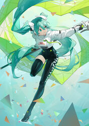  absurdres asymmetrical_bodysuit black_bodysuit black_gloves bodysuit boots commentary_request cropped_jacket female flag flagpole floating_hair full_body gloves green_flag green_gloves hatsune_miku highres holding holding_flag holding_pole jacket latex latex_bodysuit long_sleeves looking_to_the_side ly.t pole race_queen racing_miku racing_miku_(2022) single_leg_bodysuit single_thigh_boot single_thighhigh smile solo standing standing_on_one_leg text_print thigh_boots thighhighs twintails two-tone_gloves vocaloid white_jacket 