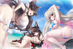  3girls amagi_(azur_lane) amagi_(wending_waters_serene_lotus)_(azur_lane) animal_ears armpits arms_up ass atago_(azur_lane) atago_(summer_march)_(azur_lane) azur_lane bare_hips bare_shoulders beach bent_over bikini bikini_pull black_hair blue_bikini braid braided_bun breasts cleavage clothes_pull collar covered_nipples crossed_legs crotch_seam double_bun feathered_wings feathers feet_out_of_frame flower formidable_(azur_lane) formidable_(the_lady_of_the_beach)_(azur_lane) hair_bun hair_flower hair_ornament hand_on_own_hip hanging_breasts happy highres koflif large_breasts looking_at_viewer looking_back lying mole mole_under_eye multiple_girls official_alternate_costume on_side open_mouth outdoors purple_eyes red_eyes sand sandals see-through see-through_skirt shiny_skin skin_tight skindentation skirt smile swimsuit thick_thighs thigh_strap thighhighs thighs water white_bikini white_hair white_thighhighs wings yellow_eyes 