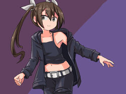  artoria_pendragon_(fate) black_camisole black_jacket black_pants brown_eyes brown_hair camisole cosplay cowboy_shot english_commentary fate/grand_order fate_(series) female hair_between_eyes hair_ribbon hood hooded_jacket hoodie jacket kantai_collection long_hair looking_at_viewer navel official_alternate_costume one-hour_drawing_challenge pants ribbon saber_alter saber_alter_(cosplay) saber_alter_(ver._shinjuku_1999)_(fate) saber_alter_(ver._shinjuku_1999)_(fate)_(cosplay) sixten solo tone_(kancolle) twintails two-tone_background 