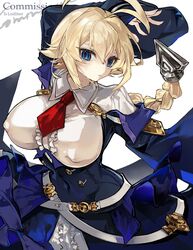  absurdres ahoge arm_up belt blazblue blonde_hair blue_eyes braid braided_ponytail breasts buttons collared_shirt commission covered_navel covered_nipples dress english_text es_(xblaze) female found_modori frilled_dress frilled_shirt frills highres huge_ahoge large_breasts long_sleeves looking_at_viewer necktie oppai_loli red_necktie shirt simple_background solo underbust white_background xblaze xblaze_code:_embryo 