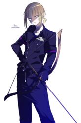  1boy absurdres arrow_(projectile) black_gloves black_jacket black_pants blonde_hair blue_shirt bow_(weapon) brown_eyes closed_mouth collarbone commentary_request gloves highres holding holding_arrow holding_bow_(weapon) holding_weapon jacket light_smile long_sleeves low_ponytail male_focus night_raven_college_gym_uniform pants ponytail rook_hunt shirt signature simple_background sofra solo standing twisted_wonderland twitter_username weapon white_background 