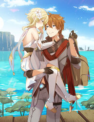  1boy blonde_hair blue_eyes carrying commentary couple dress english_commentary female flower genshin_impact hair_flower hair_ornament highres k-rumi lumine_(genshin_impact) orange_hair outdoors sidelocks smile straight tartaglia_(genshin_impact) water white_dress yellow_eyes 