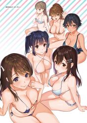  6+girls ;d bikini black_hair braid breasts brown_eyes brown_hair cleavage closed_mouth competition_swimsuit criss-cross_halter frilled_bikini frills hair_between_eyes hair_ornament hairclip halterneck highres large_breasts long_hair medium_breasts micro_bikini multiple_girls non-web_source one-piece_swimsuit one_eye_closed open_mouth original ponytail sage_joh short_hair side-tie_bikini_bottom side_braid sidelocks sitting smile string_bikini swimsuit tan tanlines twintails 