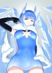  asymmetrical_bangs bad_dobbyyyyy blue_eyes blue_hair breasts cape cleavage_cutout clothing_cutout dress elbow_gloves female fire_emblem fire_emblem_heroes from_below gloves ice looking_down medium_breasts medium_hair navel nifl_(fire_emblem) open_mouth solo thighs 