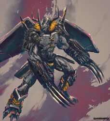  blackwargreymon claws commentary digimon digimon_(creature) english_commentary fighting_stance highres horns legs_apart shimhaq solo standing wings yellow_theme 