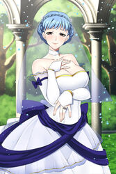  bare_shoulders blue_hair braid breasts bridal_veil bride bride_(fire_emblem) brown_eyes choker cleavage collarbone commentary dress english_commentary female fire_emblem fire_emblem:_three_houses jewelry large_breasts lindaroze looking_at_viewer marianne_von_edmund ornate_ring petals ring short_hair smile solo veil wedding_dress wedding_ring 