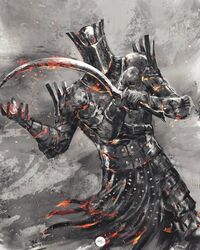  1boy armor breastplate covered_face dark_souls_(series) dark_souls_i full_armor gauntlets greaves helmet highres holding holding_sword holding_weapon knight_lautrec_of_carim male_focus shimhaq shotel solo sword waist_cape weapon 