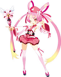  alternate_color alternate_costume asymmetrical_bangs blonde_hair bright_pupils detached_sleeves disgaea disgaea_d2 female flower full_body gradient_hair hair_rings hat holding holding_wand long_hair magical_girl multicolored_hair obi official_art one_eye_closed open_mouth pink_skirt pink_theme pink_thighhighs pleated_skirt red_eyes ribbon-trimmed_sleeves ribbon_trim sandals sash sicily_(disgaea) simple_background skirt solo thighhighs twintails two-tone_hair very_long_hair wand white_background 