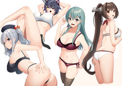  4girls akagi_kurage aqua_hair arms_behind_back ass beret bikini black_bra black_panties blush bra breasts brown_hair brown_legwear cleavage closed_mouth cropped_legs crossed_legs eyepatch grey_hair hair_ornament hairclip hand_on_own_chest hat headgear highres kantai_collection kashima_(kancolle) large_breasts long_hair multiple_girls official_alternate_costume open_mouth panties ponytail purple_bra purple_hair purple_panties short_hair sidelocks suzuya_(kancolle) swimsuit tenryuu_(kancolle) tenryuu_(swimsuit_mode)_(kancolle) thighhighs twintails underwear yamato_(kancolle) 