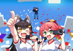  3girls :3 :d a-chan_(hololive) ahoge animal_ear_fluff animal_ears black_hair blue_eyes blush breasts confetti glasses green_eyes gym_uniform hair_ornament hairclip holding holding_microphone hololive kagelantern long_hair microphone multicolored_hair multiple_girls one_eye_closed ookami_mio open_mouth pink_hair red_hair sakura_miko short_hair smile sports_festival video_camera virtual_youtuber wolf_ears x_hair_ornament yellow_eyes 