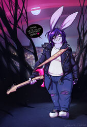  absurd_res anthro arthur_(lapinbeau) belt bottomwear city city_background clothing denim denim_bottomwear denim_clothing domestic_rabbit english_text fingerless_gloves flemish_giant footwear gloves guitar hair handwear heart_symbol hi_res jacket jeans lagomorph lapinbeau leather leather_clothing leather_jacket leather_topwear leporid male mammal moon musical_instrument night oryctolagus pants plucked_string_instrument purple_hair rabbit shirt shoes signature smile sneakers solo speech_bubble string_instrument t-shirt text topwear torn_bottomwear torn_clothing torn_jeans torn_pants white_clothing white_shirt white_t-shirt white_topwear 