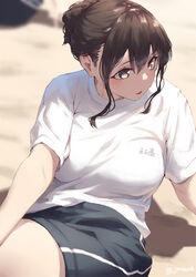  aya_(jonsun) black_shorts blurry blurry_background blush breasts brown_eyes brown_hair commentary_request female hair_between_eyes hair_bun jonsun large_breasts long_hair looking_to_the_side on_ground open_mouth original outdoors parted_lips shadow shirt short_sleeves shorts sidelocks single_hair_bun sitting solo white_shirt 