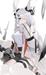  absurdres animal_ears arknights asymmetrical_legwear bad_id bad_pixiv_id black_skirt breasts chibi closed_mouth coat commentary earpiece female frostnova_(arknights) grey_eyes grey_hair hair_ornament hair_over_one_eye hairclip highres ice korean_commentary long_hair looking_at_viewer medium_breasts miniskirt ness_(pjw0168) off_shoulder open_clothes open_coat originium_arts_(arknights) parted_bangs patriot_(arknights) pleated_skirt rabbit_ears scar scar_on_face scar_on_nose shirt simple_background single_leg_pantyhose single_thighhigh sitting skirt sleeveless sleeveless_shirt sleeves_past_fingers sleeves_past_wrists solo_focus straight_hair thigh_strap thighhighs uneven_legwear white_background white_coat white_shirt white_thighhighs yokozuwari 