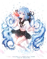  absurdres artist_name barefoot black_ribbon black_sailor_collar black_skirt blue_eyes blue_hair bottle_miku collared_shirt commentary female fish hair_between_eyes hair_ribbon hatsune_miku highres kity1211_tetsu liquid_hair long_hair looking_at_viewer midriff miniskirt navel open_mouth pleated_skirt ribbon sailor_collar sailor_collar_lift sailor_shirt shirt short_sleeves simple_background skirt solo stomach twitter_username very_long_hair vocaloid white_background white_shirt 