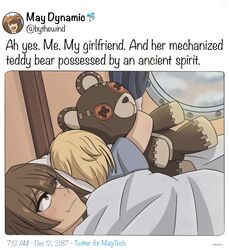  2girls 500_dollar_four_foot_tall_mareep_(meme) :t bed blanket blonde_hair bridget brown_eyes brown_hair closed_mouth english_text freckles guilty_gear guilty_gear_strive highres holding holding_stuffed_toy hugging_doll hugging_object indoors lying may_(guilty_gear) meme multiple_girls nebulimes on_back on_bed on_side roger_(guilty_gear) sleeping social_network stuffed_animal stuffed_toy teddy_bear tweet twitter unamused under_covers 