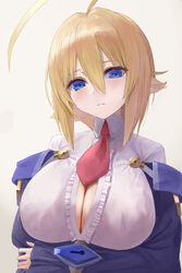  ahoge arms_under_breasts blazblue blonde_hair blue_eyes blush breasts center_opening cleavage closed_mouth collared_shirt covered_nipples crossed_arms dress es_(xblaze) female frilled_dress frills hair_between_eyes highres huge_ahoge huge_breasts kaeru_(meriruou) looking_at_viewer necktie oppai_loli red_necktie shirt simple_background solo upper_body white_background white_shirt xblaze xblaze_code:_embryo 