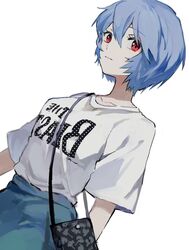  alternate_costume ayanami_rei backwards_text bag bangs blue_hair breasts closed_mouth commentary dango_(uni_520) expressionless female hair_between_eyes handbag highres looking_at_viewer neon_genesis_evangelion red_eyes short_hair simple_background solo the_beatles 