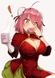  ! +_+ absurdres ahoge bandaged_arm bandages blush breasts bun_cover capelet chinese_clothes cleavage commentary cup double_bun doughnut eating female floral_print food green_skirt greenkohgen hair_bun highres holding holding_cup holding_food ibaraki_kasen large_breasts medium_hair pink_hair red_eyes ribbon-trimmed_skirt ribbon_trim simple_background skirt solo touhou translated white_background wristband 