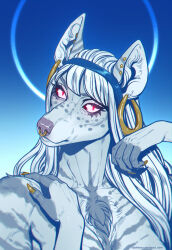  anthro breast_tuft claws ear_piercing ear_ring facial_piercing female finger_claws fur gold_(metal) gold_jewelry gradient_background grey_body grey_fur hair hi_res hyena jewelry long_hair looking_at_viewer mammal markings nose_piercing piercing pink_eyes pink_nose portrait pupils red_pupils ring_piercing road~abelgeym simple_background solo spots spotted_body spotted_fur striped_body striped_fur stripes white_hair 