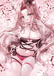  :d absurdres animal animal_ear_fluff animal_ears bare_shoulders belt blurry blurry_background blurry_foreground blush breasts brown_hair cat_ears cat_girl cat_tail cleavage commentary depth_of_field detached_sleeves feline female flower grey_eyes highres large_breasts long_sleeves looking_at_viewer navel original parted_bangs pink_flower pink_shorts pulling_own_clothes see-through short_shorts shorts skindentation smile solo strap_pull tail tandohark thigh_belt thigh_strap white_cat wide_sleeves 