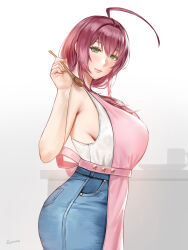  ahoge apron armpit_crease artist_name bare_shoulders blue_pants blush breasts character_request chinese_commentary closed_mouth commentary_request copyright_request cowboy_shot denim easonx eyelashes female from_side green_eyes grey_background hair_between_eyes hand_up highres holding holding_spoon huge_breasts indoors jeans long_hair looking_at_viewer mole mole_under_eye pants pink_apron purple_hair shirt sideboob sidelocks signature simple_background smile solo spoon white_shirt 