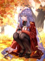  autumn_leaves bird black_footwear black_pantyhose blue_eyes breasts check_copyright cleavage coat commentary copyright_request cup day english_commentary english_text female fingernails foot_out_of_frame hair_between_eyes highres holding holding_cup long_hair long_sleeves original outdoors pantyhose purple_hair red_coat ringeko-chan solo sparkle squatting very_long_hair 