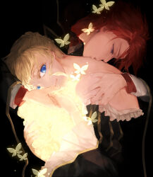  bare_back beatrice_(umineko) blonde_hair bug butterfly flower holding_hands hug kissing_back red_hair umineko_no_naku_koro_ni ushiromiya_battler yukikun_shouma 