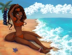  2017 4_toes accessory anklet anthro asterozoan beach black_kitty black_nose blue_sky breasts brown_body brown_claws brown_fur brown_hair brown_tail claws cloud colored day digital_drawing_(artwork) digital_media_(artwork) echinoderm feet female flower flower_in_hair flower_necklace fur green_eyes hair hair_accessory hair_on_shoulders jewelry lei-lani light lighting long_hair long_tail looking_at_viewer mammal marine membrane_(anatomy) mustelid navel open_mouth orange_bikini_bottom orange_flower otter outside palm_tree pink_tongue plant purple_body sea seaside shaded sitting sky slim_anthro slim_female solo starfish tail toe_claws toes tongue tree tying_hair water webbed_feet 