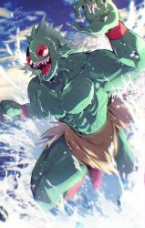  abs akiyamanx animal_humanoid atlantis_(ultimate_muscle) bottomwear claws clothing fin fish fish_humanoid green_body green_skin head_fin hi_res humanoid loincloth male marine marine_humanoid mostly_nude muscular pecs red_eyes sharp_teeth solo splash teeth tongue ultimate_muscle wave wet wrestling_boots 