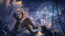  absurdres ahoge amusement_park animal_ears balloon bell black_bow black_cat black_ribbon black_serafuku black_skirt black_thighhighs blush bow cat_ears cat_girl cat_tail cherry_blossom_print closed_mouth collarbone crescent crescent_hair_ornament feline female ferris_wheel floral_print flower full_body grey_hair hair_flower hair_ornament hair_ribbon hairclip hairpin haori highres indie_virtual_youtuber japanese_clothes katana long_hair looking_at_viewer navel neck_bell neckerchief night night_sky on_floor outdoors pink_bow pink_flower pink_haori pleated_skirt ribbon sailor_collar school_uniform serafuku sheath sheathed shoes sitting skirt sky solo somna sunlight sword tail tail_ornament thigh_strap thighhighs toes unworn_shoes weapon white_hair white_sailor_collar x_hair_ornament yazuki_(vtuber) yellow_eyes yellow_neckerchief 