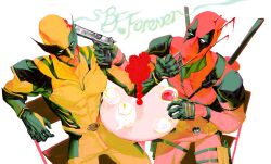  2boys absurdres beard belt blood blood_on_face bodysuit chair claws cup deadpool deadpool_&amp;_wolverine deadpool_(series) english_commentary facial_hair flower gloves gun highres holding holding_cup holding_gun holding_weapon impaled katana male_focus marvel multiple_boys muscular rayem2000 red_bodysuit red_flower red_mask rose sitting stab superhero_costume sword sword_on_back table teacup two-tone_bodysuit weapon weapon_on_back wolverine_(x-men) x-men yellow_bodysuit 